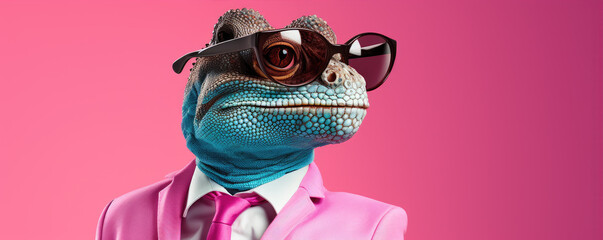 Funny lizard wearing a pink suit and glasses on red pink background.