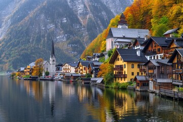 Hallstat village in the Austria. Beautiful village in the mountain valley near lake. Mountains landscape and old town. Travel - Austria - obrazy, fototapety, plakaty