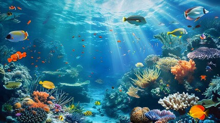 Fototapeta na wymiar Sea background with tropical fish and coral reefs