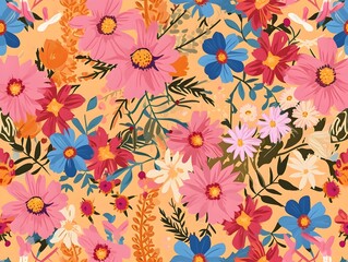 Fototapeta na wymiar Seamless pattern of flowers with pink blue and orange background. Pink flowers background