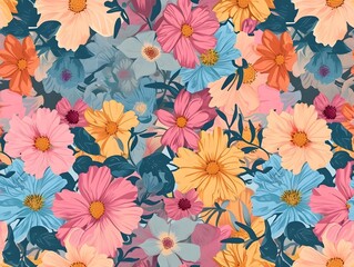 Seamless pattern of flowers with pink blue and orange background. Pink flowers background