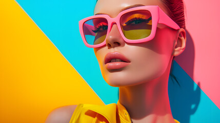 Closeup portrait of fasionable woman wearing bright pink and yellow sunglasses, street pop style