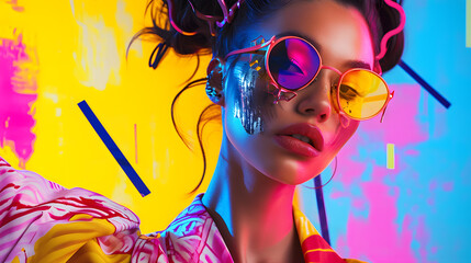 Closeup portrait of fasionable woman wearing bright pink and yellow sunglasses, street pop style