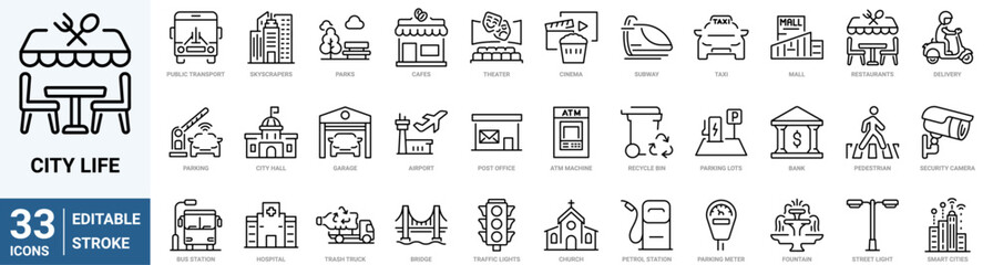 City life web line icons. Infrastructure. taxis, subways, buildings, apartments, shopping. Vector illustration