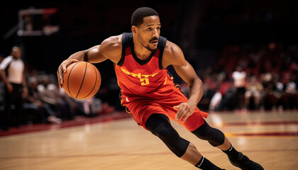 Naklejka premium Black basketball player on the court during a game wearing a red uniform --ar 7:4 --style raw Job ID: 5c202385-5033-4b30-8c76-89d33e7e1f46