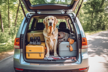 dog sitting in car trunk with luggage. Holiday Vacation, Travel and Transport concept.