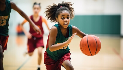 Black girl basketball player on the court during a game wearing a red uniform. Sport, game, basket, sporty, competition, desire to win, AI. - obrazy, fototapety, plakaty