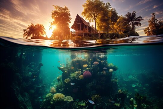 Scenic split view. tropical island hut with vibrant marine life and fish swimming underwater