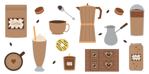 Coffee. A set of elements for making coffee with desserts. Vector illustration, EPS 10.
