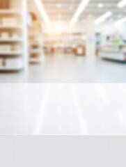Blurred background of supermarket aisles with bright lighting, suitable for advertising and marketing.