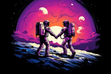 Astronaut and hiker Holding Hands, Vector illustration, Ai Generated