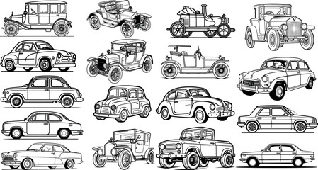 Set of Vintage Retro classic Cars Handmade Sketch. Antique car drawing great set collection clip art Silhouette, Black vector illustration on white background V2.