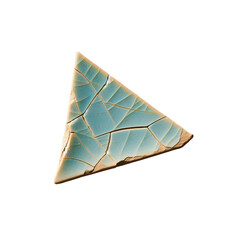 A broken, triangular shard piece of light blue pottery