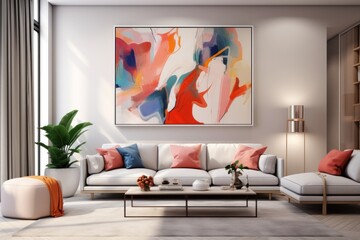 Stylish living room with design furniture. Modern decor of bright room. Living room wall poster mockup. An elegant and luxurious living room with a comfortable sofa and armchair, elegant
