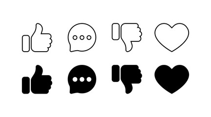 Social media icon set. Like, speech bubble, dislike, heart icons. Linear and silhouette style. Vector icons