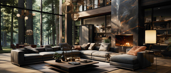 Picture an interior that defines modern sophistication, an attractive lounge with unique features that captivate the eye. Envision the harmonious blend of style and innovation in this space. - obrazy, fototapety, plakaty