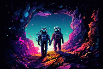 Fototapeta na wymiar astronaut Girl and astronaut Man Holding Hands in Space, Vector, Ai Generated