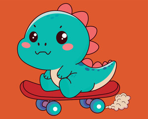 Dinosaur with skateboard illustration, pattern, vector, for backgrounds, children's fabric textures
