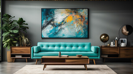 Revel in the nostalgia of a mid-century modern living room, adorned with a stylish turquoise fabric sofa and wall-mounted cabinets against a wood lining wall. 