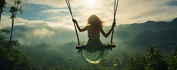 Woman swinging in sunset light. Rear view of girl swing against forest background.