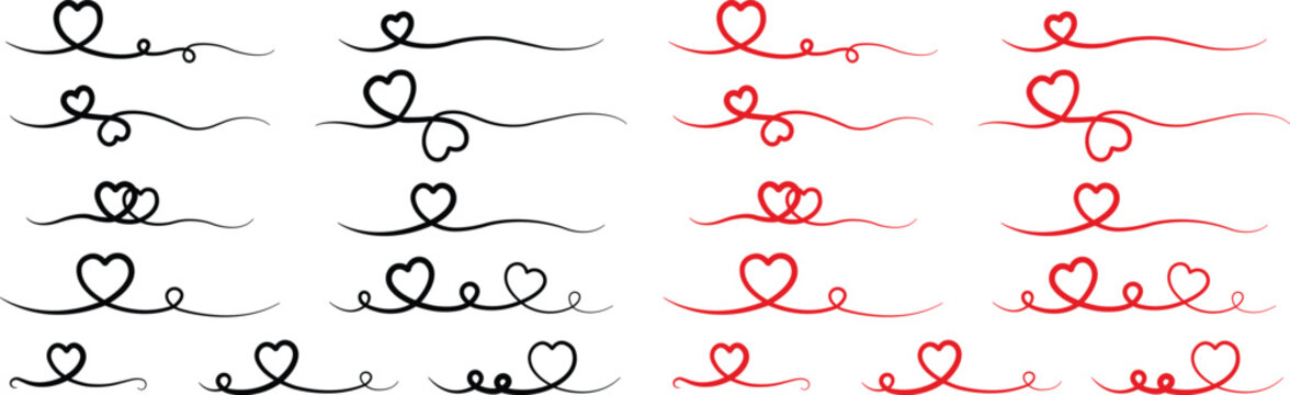 Heart lines bundle hand drawn doodle love black or red color icon set isolated on transparent background. Vector collection for valentine day invitation or greeting card drawn design text divider.