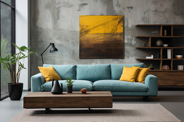 Step into a minimalist oasis where a turquoise sofa graces a modern living room near a window against a chic concrete wall.  - obrazy, fototapety, plakaty