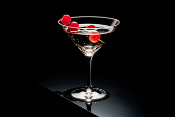 Martini cocktail garnished with cherries isolated on black background.