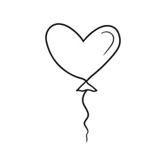 Balloon in the shape of heart in black line art drawing isolated on white background. Hand drawn vector sketch illustration in doodle engraved outline style. Love, childhood, celebration, holiday.