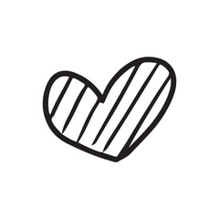 Striped heart drawing in black isolated on white background. Hand drawn vector sketch illustration in doodle vintage engraved outline, line art style. Decoration, design, love, greeting card, icon.