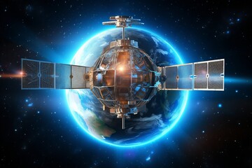 Telecom satellite. global connectivity and gps services with futuristic hologram information