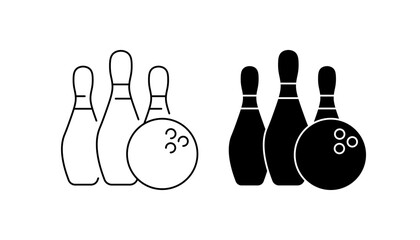 Bowling icon. Pin and bowling ball. Linear and silhouette style. Vector icons