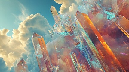 Abstract crystalline structures floating in a surreal, digital dreamscape