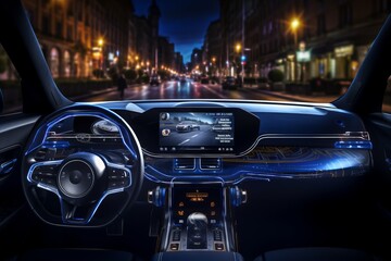 Futuristic autonomous car dashboard with hud, hologram screens, and infotainment