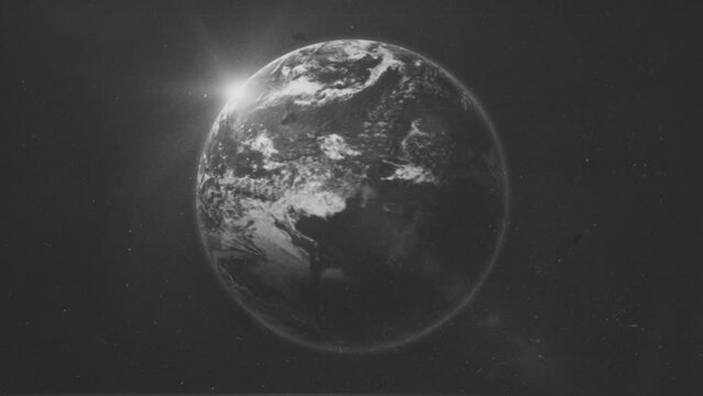 Vintage Old Textured Earth Planet Bg/ 4k animation of a vintage old tv screen of earth planet rotating with grain texture and floating camera effect