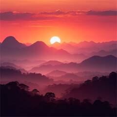 vector illustration of a sunset over mountains, with a warm orange and red sky and dark silhouettes of forests,IA generated 