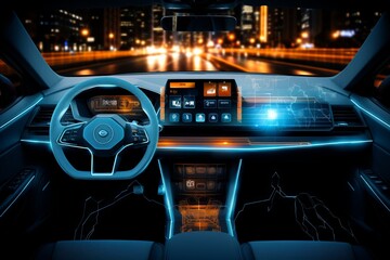 Futuristic car dashboard. autonomous hud, hologram screens, and infotainment system