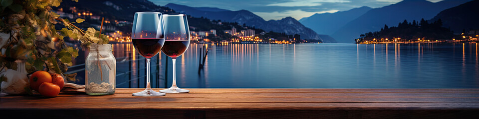 Wine Glass on coast beach summer. vacation travel wide banner
