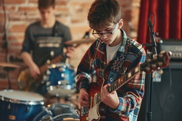 focus on talented adorable teenage boy playing guitar actively next to his blurred drummer in studio