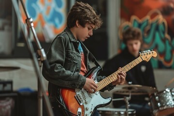 focus on talented adorable teenage boy playing guitar actively next to his blurred drummer in studio - obrazy, fototapety, plakaty