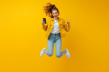Fototapeta na wymiar Full size photo of pretty active creative girl jumping hold smart phone empty space isolated on yellow color background