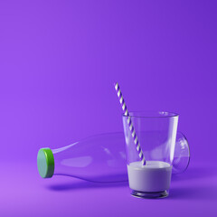 Empty milk bottle and milk in a glass with a straw isolated over purple background. Dairy products concept. 3D rendering.