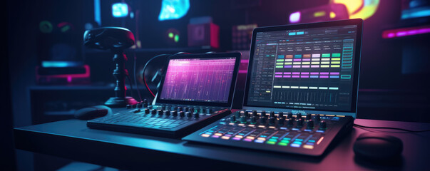 Fototapeta na wymiar Modern studio control desk. Recording or sound DJ proffesional system. sound equipment for concert.