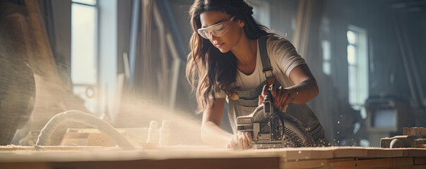 Woman carpenter wearing protective glasses for safty working. copy space fot your text. - obrazy, fototapety, plakaty