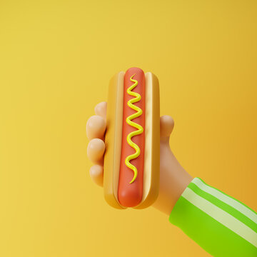 Athlete cartoon hand holding hot dog with mustard isolated over yellow background. 3D rendering.