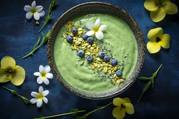 Matcha green tea superfood smoothie bowl with seeds, granola, and fruit   top view copy space