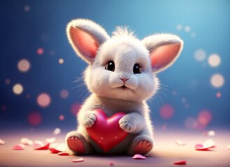 Fototapeta premium Little cute bunny holding a love heart. Illustration for Valentine's Day. 