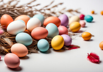 Naklejka na ściany i meble Easter eggs with flowers and feathers. Happy Easter concept. colorful eggs for the holiday