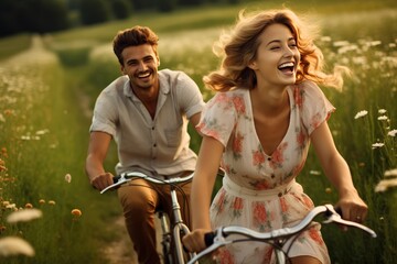 A smiling young couple riding classic vintage bicycles through a meadow