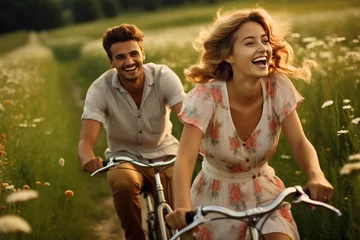 Fototapete A smiling young couple riding classic vintage bicycles through a meadow © Tetyana