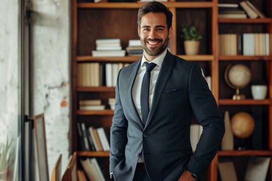 handsome businessman in formal wear smiling and looking at camera